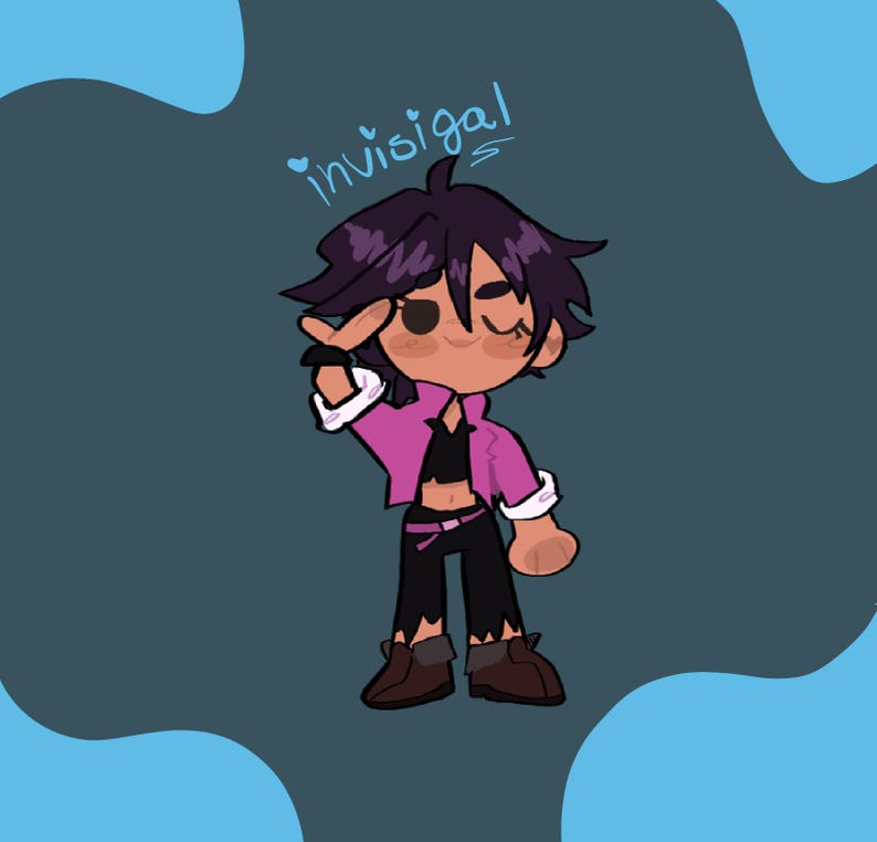 Puede incluir: Ilustraci&oacute;n de dibujos animados de un personaje con cabello morado oscuro, que lleva una chaqueta rosa, una camiseta negra y pantalones negros. El personaje est&aacute; haciendo un gesto con la mano. El texto "invisigal" est&aacute; escrito en azul encima del personaje.