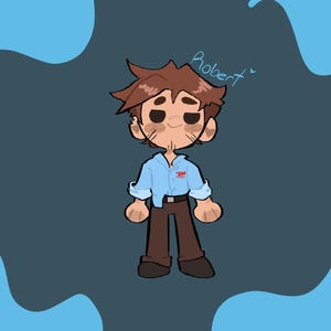 Puede incluir: Ilustraci&oacute;n de dibujos animados de una persona llamada Robert. El personaje tiene cabello casta&ntilde;o, una camisa azul claro con un logo, pantalones marrones y un cintur&oacute;n negro. El fondo es de color verde azulado oscuro con formas azul claro.
