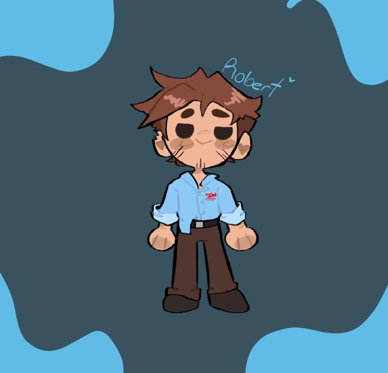 Puede incluir: Ilustraci&oacute;n de dibujos animados de una persona llamada Robert. El personaje tiene cabello casta&ntilde;o, una camisa azul claro con un logo, pantalones marrones y un cintur&oacute;n negro. El fondo es de color verde azulado oscuro con formas azul claro.