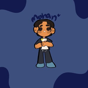 May include: A cartoon illustration of a person with brown skin, black hair, and a smiling expression. The person is wearing a black outfit with a white shirt underneath and blue shoes. The name "Mohan" is written above the person in blue.