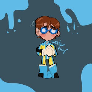 Puede incluir: Ilustraci&oacute;n de un personaje de dibujos animados con cabello casta&ntilde;o, gafas azules y un atuendo azul y amarillo. El personaje se est&aacute; tomando de las manos y el texto "water boy" est&aacute; escrito junto a &eacute;l. El fondo es azul oscuro con salpicaduras de agua azules.