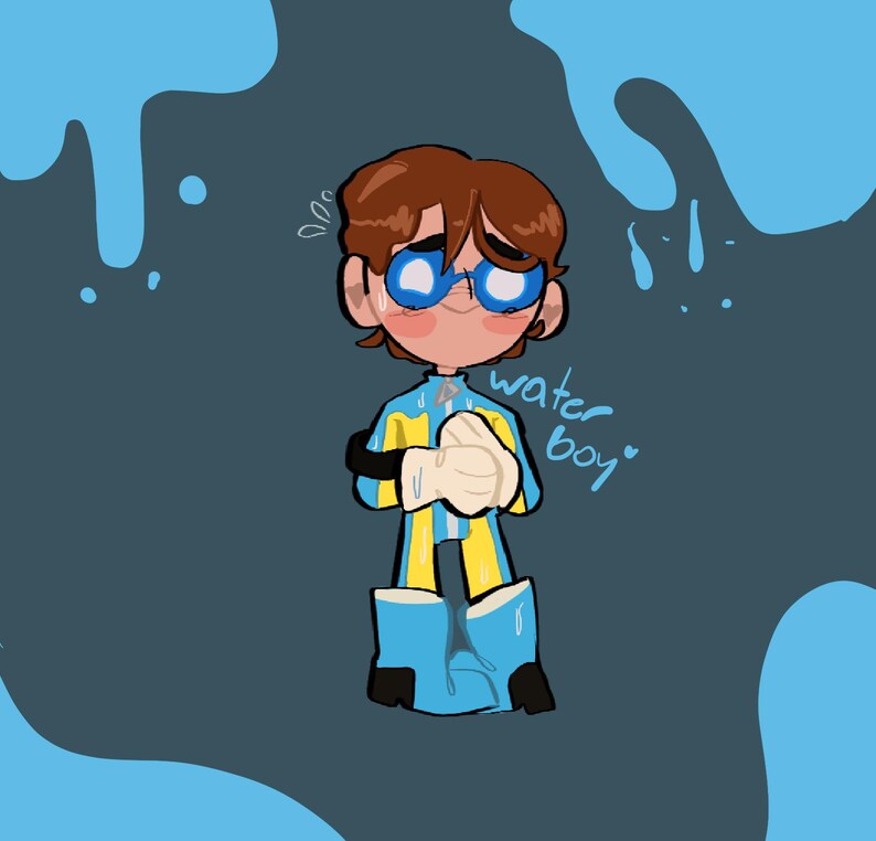 Puede incluir: Ilustraci&oacute;n de un personaje de dibujos animados con cabello casta&ntilde;o, gafas azules y un atuendo azul y amarillo. El personaje se est&aacute; tomando de las manos y el texto "water boy" est&aacute; escrito junto a &eacute;l. El fondo es azul oscuro con salpicaduras de agua azules.