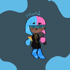 Puede incluir: Ilustraci&oacute;n de dibujos animados de una persona con cabello azul y rosa, vestida con un mono negro, guantes y botas azules, y sosteniendo un micr&oacute;fono. La palabra "Prism!" est&aacute; escrita sobre la cabeza del personaje.