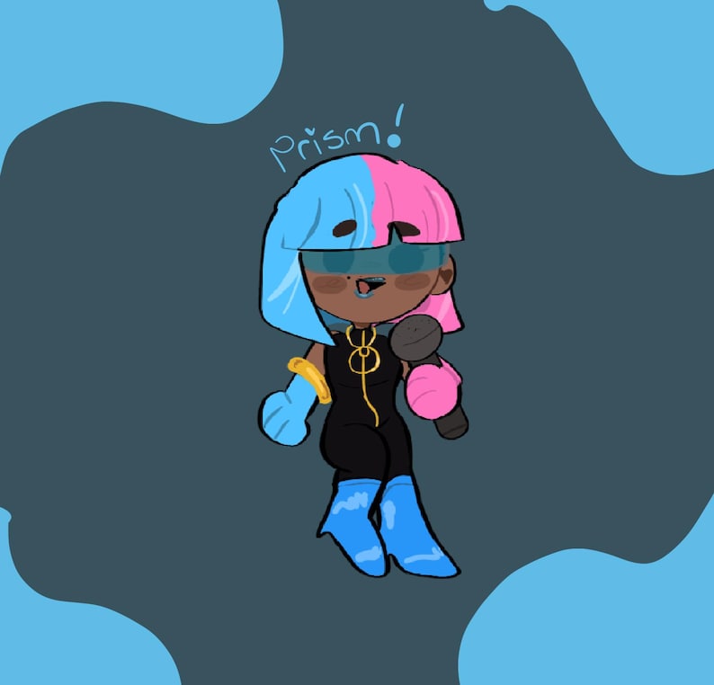 Puede incluir: Ilustraci&oacute;n de dibujos animados de una persona con cabello azul y rosa, vestida con un mono negro, guantes y botas azules, y sosteniendo un micr&oacute;fono. La palabra "Prism!" est&aacute; escrita sobre la cabeza del personaje.