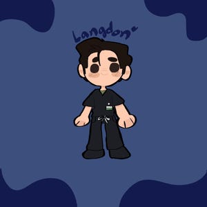 May include: A cartoon illustration of a person in black scrubs with the name "Langdon" written above. The character has dark hair, rosy cheeks, and a small green and white badge on the shirt. The background is a dark blue with lighter blue shapes.