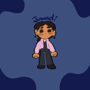 May include: Cartoon illustration of a person wearing a pink jacket, black top, and black pants. The person has dark hair and is wearing earrings. The name "Javadi" is written above the person in blue cursive on a blue background.