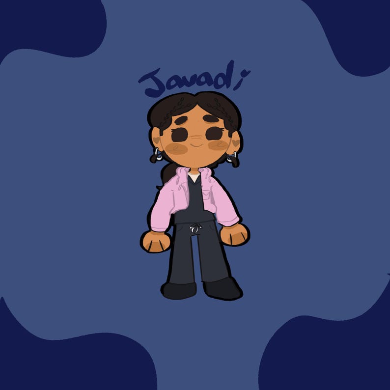 May include: Cartoon illustration of a person wearing a pink jacket, black top, and black pants. The person has dark hair and is wearing earrings. The name "Javadi" is written above the person in blue cursive on a blue background.