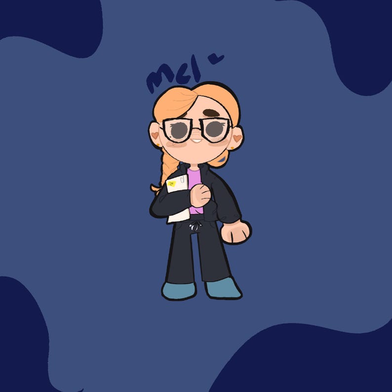 May include: Cartoon illustration of a person with orange hair wearing glasses, a black jacket, and black pants. The person is holding a notepad and a yellow document. The name "Mel" is written above the person's head. The background is a dark blue with lighter blue shapes.