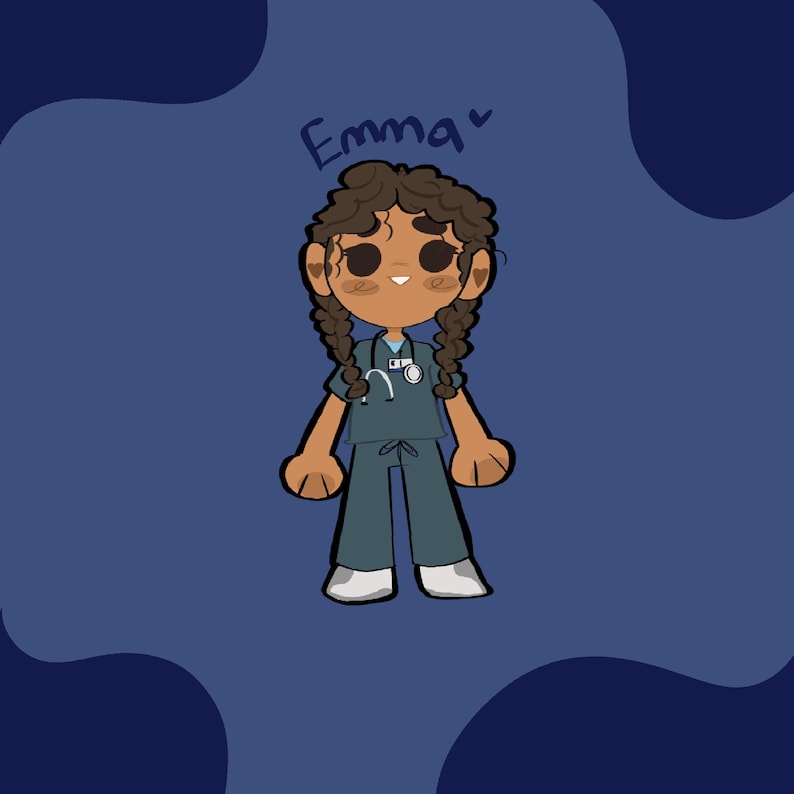 May include: Illustration of a cartoon character named Emma, wearing teal scrubs and a stethoscope. The character has brown skin, curly brown hair in braids, and is smiling. The background is a dark blue with lighter blue shapes.