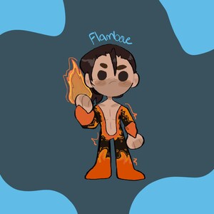 Puede incluir: Ilustraci&oacute;n de dibujos animados de un personaje con cabello y piel morena, vistiendo un atuendo naranja y negro con llamas. El personaje sostiene una llama y la palabra "Flambae" est&aacute; escrita arriba.