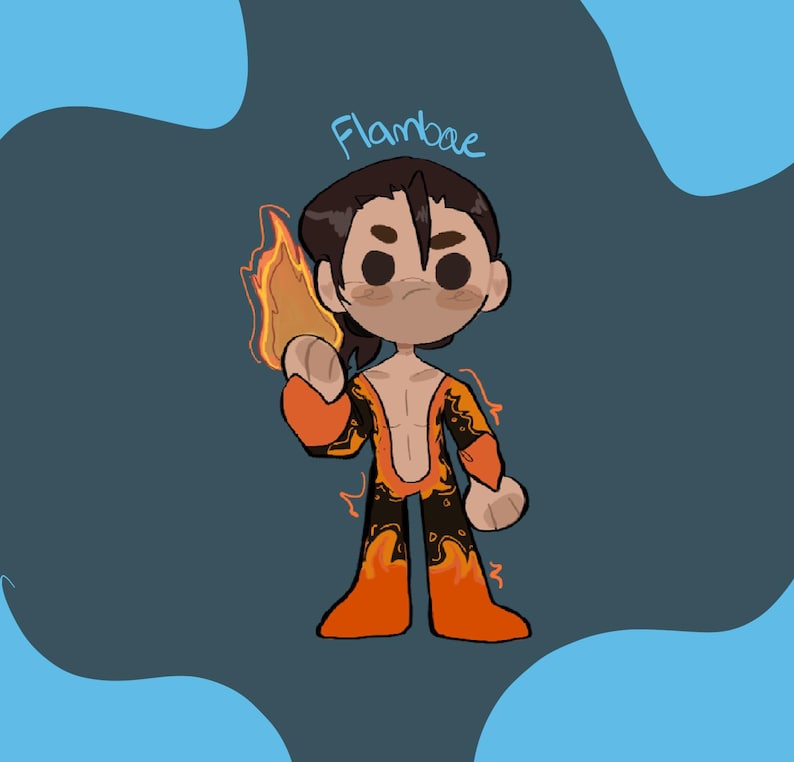 Puede incluir: Ilustraci&oacute;n de dibujos animados de un personaje con cabello y piel morena, vistiendo un atuendo naranja y negro con llamas. El personaje sostiene una llama y la palabra "Flambae" est&aacute; escrita arriba.