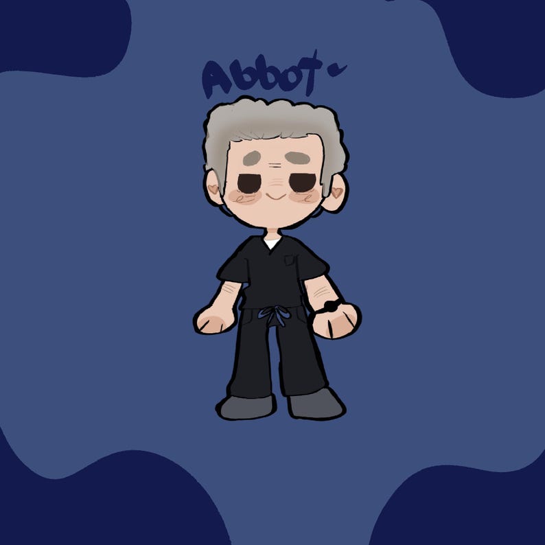 May include: A cartoon illustration of a person in black scrubs with the name "Abbot" above their head. The character has gray hair, rosy cheeks, and a friendly expression. The background is a dark blue with lighter blue accents.