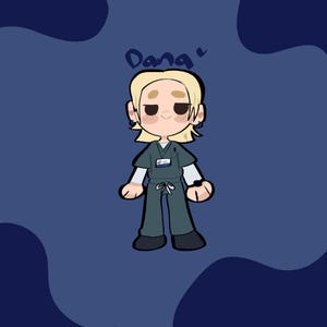 May include: Cartoon illustration of a person in teal scrubs with the name "Dana" above their head. The character has blonde hair, earrings, and a name tag. The background is a dark blue with lighter blue shapes.