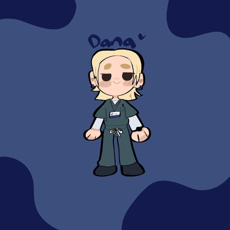 May include: Cartoon illustration of a person in teal scrubs with the name "Dana" above their head. The character has blonde hair, earrings, and a name tag. The background is a dark blue with lighter blue shapes.