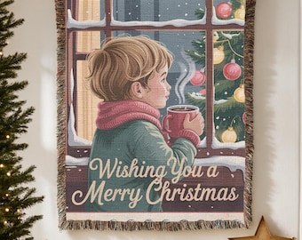 Vintage Christmas Tree Woven Blanket, Holiday Illustration Throw