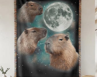 Manta tejida Capybara Moon, manta con diseño de animales estilo cottagecore