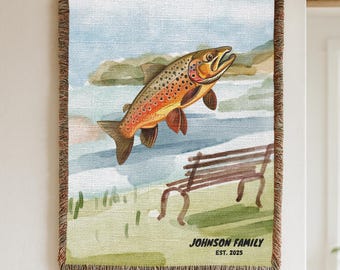 Blanket Rainbow Trout Woven Blanket: Personalized Fishing Gift, Home decor gifts