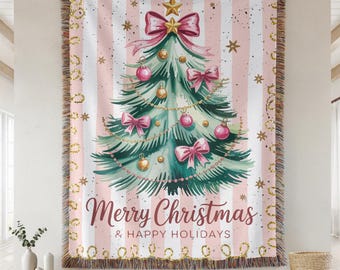 Vintage Christmas Tree Woven Blanket, Pink Holiday Decor
