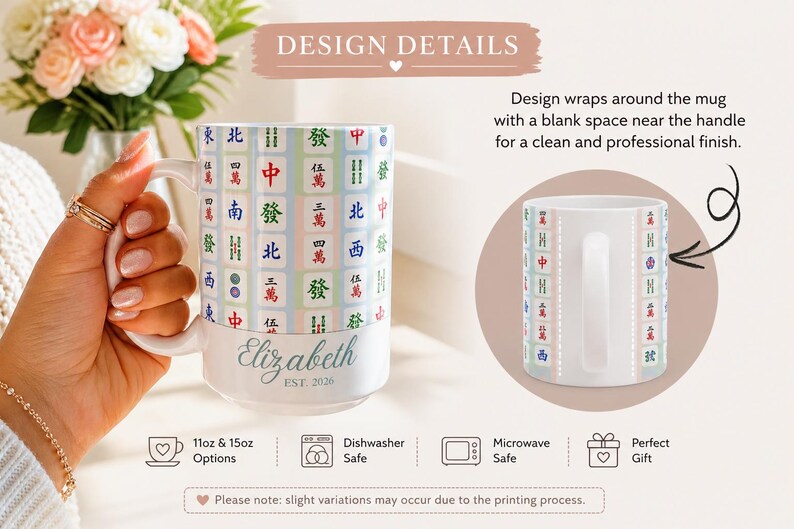 Pu&ograve; includere: Tazza in ceramica bianca con un motivo a piastrelle Mahjong nei toni del blu, verde e rosso. La tazza ha un manico ed &egrave; personalizzata con il nome "Elizabeth" e l'anno "EST 2020". La tazza &egrave; lavabile in lavastoviglie e adatta al microonde.