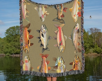 Rainbow Trout Woven Blanket: Fly Fishing Gift for Angler, Customizable blanket, Home decor gifts
