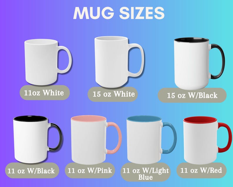 Pu&ograve; includere: Immagine di varie tazze in ceramica bianca con interni e manici di diversi colori. Le tazze sono etichettate con le loro dimensioni, comprese le opzioni da 312 ml e 425 ml, e combinazioni di colori come nero, rosa, azzurro e rosso.