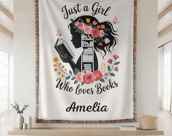Manta estilo cottagecore para amantes de los libros, manta tejida floral para leer, regalo literario para ella, manta acogedora para biblioteca, manta para ratoncitos de biblioteca.