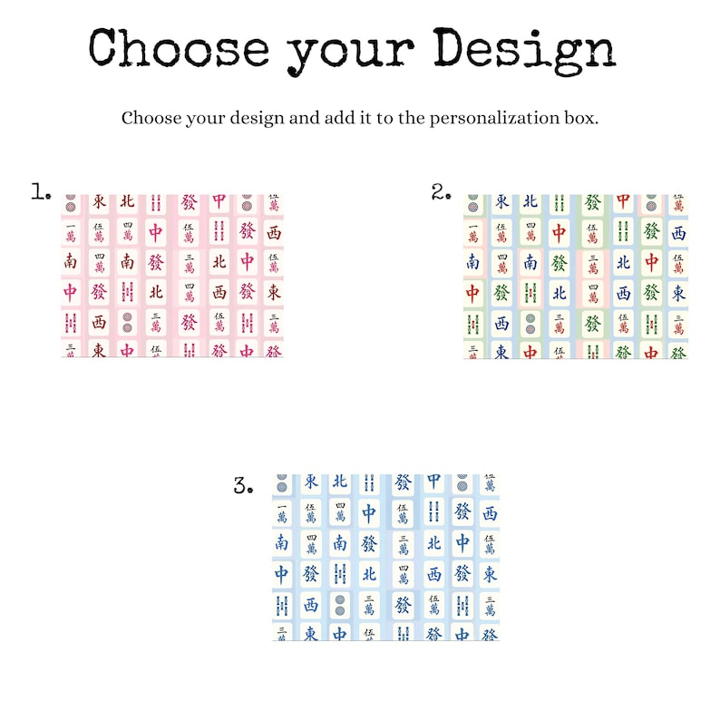 Pu&ograve; includere: Immagine con il testo "Choose your Design" e tre opzioni di design. Ogni design presenta un motivo di caratteri cinesi in diverse combinazioni di colori: rosa, verde e blu. Il testo sottostante dice "Choose your design and add it to the personalization box."