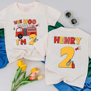 Personalized Wee Woo I'm Two Firetruck Birthday Kid Shirt, 2nd Birthday Boy Outfit, Fireman Birthday Toddler Tee, Second Birthday Gift Idea
