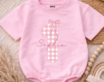 Personalized Name Pink Bow Baby Bubble Romper, Gingham Letter First Birthday Girl Bodysuit, Custom Name Toddler Outfit, Baby Shower Gift
