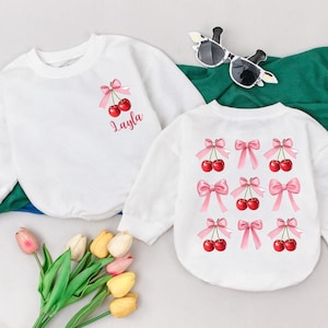 Personalized Cherry Pink Bow Romper, Sweet Cherries Baby Bodysuit, Custom Infant, Newborn For Girls, Baby Shower Gift, First Birthday Outfit