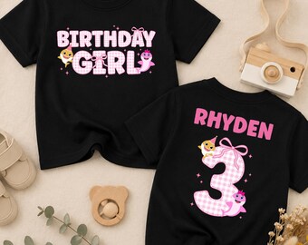 Personalized Pink Gingham 3rd Birthday Girl Shirt, Custom Name Cute Girls Shark Outfit, Three Year Old Toddler Tee, Ocean Cake Smash Outfit