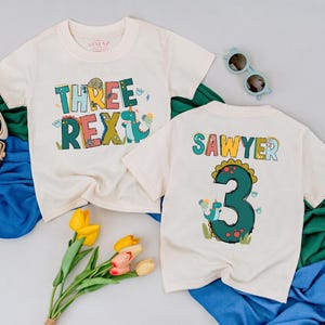 Personalized Three Rex Birthday T-Shirt, 3rd Birthday Boy Outfit, Dinosaur Birthday Toddler Tee, Custom Third Birthday Gift Ideas