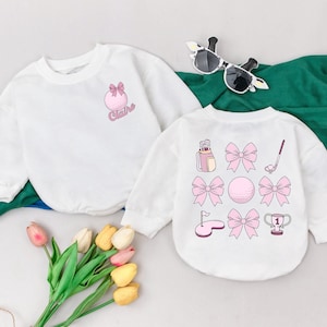 Personalized Golf Bow Baby Romper, Golf Pink Bow Birthday Romper, Gameday Season Kid Gifts, Bubble Romper, Baby Girls Golf Outfit Kids
