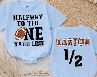 Personalized Halfway to the One Yard Line Baby Boy Romper, Custom Name Football Half Birthday Boy Bodysuit, Football Cake Smash Outfit