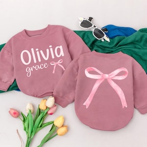 Personalized Name Baby Girl T-Shirt Bubble Romper, Pink Bow Birthday Girl Bodysuit, Girl Birthday Outfit, Baby Shower Gift