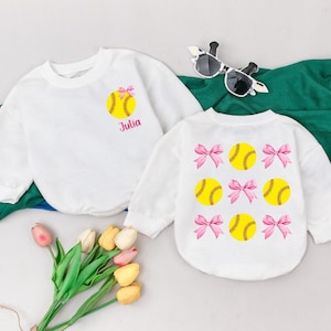 Personalized Name Softball Baby Romper, Retro Game Day Softball, Gameday Season, Natural Bubble Romper, Baby Girl Softball Outfit, Kid Gifts