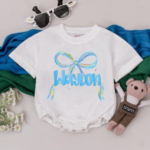 Personalized Name Baby Romper, Blue Bow Print Baby Bodysuit, Custom Name Baby Girl Outfit, First Birthday Girl Clothes, Baby Shower Gift