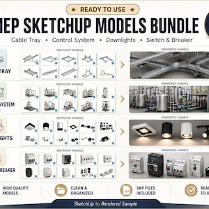 May include: A digital bundle of MEP SketchUp models featuring cable trays, control systems, downlights, and switches and breakers. The image displays technical line drawings alongside rendered samples for each category, labelled with text.