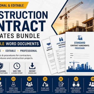 May include: A digital bundle of nine editable construction contract templates in Word format. The graphic features bold text, icons, and document previews showing titles like Standard Contract Agreements Procedure and Plant Hire Agreement.