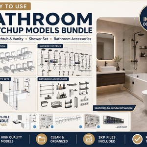 May include: A digital bundle of SketchUp bathroom models featuring toilets, shower systems, bathtubs, vanities, and accessories. The image displays technical line drawings, a rendered bathroom scene, and text labels including Ready to Use Bathroom Sketchup Models Bundle and Instant Download.
