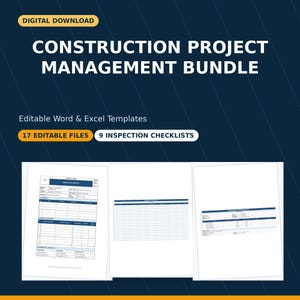 Pode incluir: Um pacote de gestão de projetos de construção para download digital com modelos editáveis de Word e Excel. O conjunto inclui 17 arquivos editáveis e 9 listas de verificação de inspeção, exibidos como três páginas de documentos.
