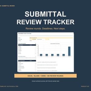 Può includere: Un modello Excel digitale intitolato Submittal Review Tracker che presenta una dashboard con una panoramica delle revisioni, un grafico a barre con i dati di stato e tabelle per il monitoraggio delle scadenze e dei cicli di revisione.