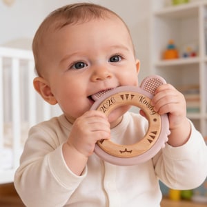 Personalized Baby Teething Rings, Custom Name Baby Teether, Engraved Silicone Teething Ring, Wooden Ring Sensory Toy, Baby Shower Gift
