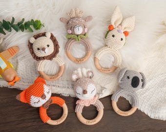 Custom Engraved Wooden baby Rattle With Name, Personalized Animal Crochet Rattle, Handmade Crochet baby Rattle, Baby Shower & Newborn Gift