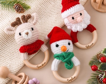 Personalized Baby Toy Rattle, Christmas Crochet Rattle Set, Santa, Snowman, Christmas Deer Rattle, Crochet Animal Baby Rattle, Baby Gift