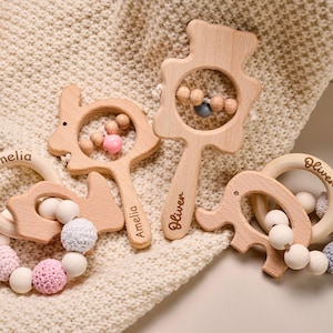 Personalized Wooden Baby Rattle, Custom Engraved Name Rattle, Animal Rattle With Bells, Baby Grasping Toy, Baby Shower Gift, Newborn Gift
