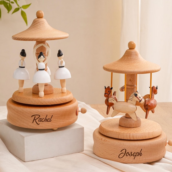 Personalized Engraved Wooden Music Box, Ballerina Carousel Music Box, Train Music Box, Christmas Musical Box, Baby Shower Gift, Newborn Gift