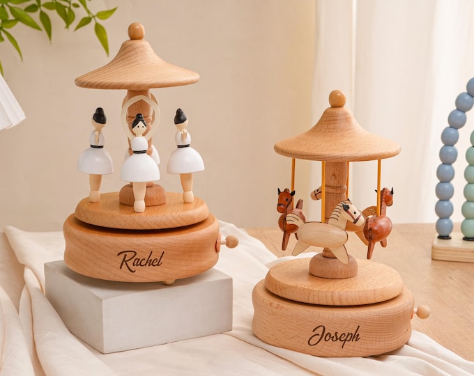 Personalized Engraved Wooden Music Box, Ballerina Carousel Music Box, Train Music Box, Baby Shower Gift, Newborn Gift