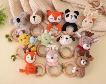 Personalized Animal Crochet Rattle, Handmade Crochet baby Rattle,Custom Engraved Wooden baby Rattle With Name, Baby Shower & Newborn Gift