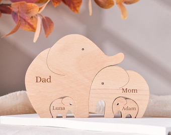 Personalized Wooden Elephant Family Puzzle, Custom Engraved Family Name Puzzle, Home Decoration puzzle, Father's Day Gift,Gift For Parents